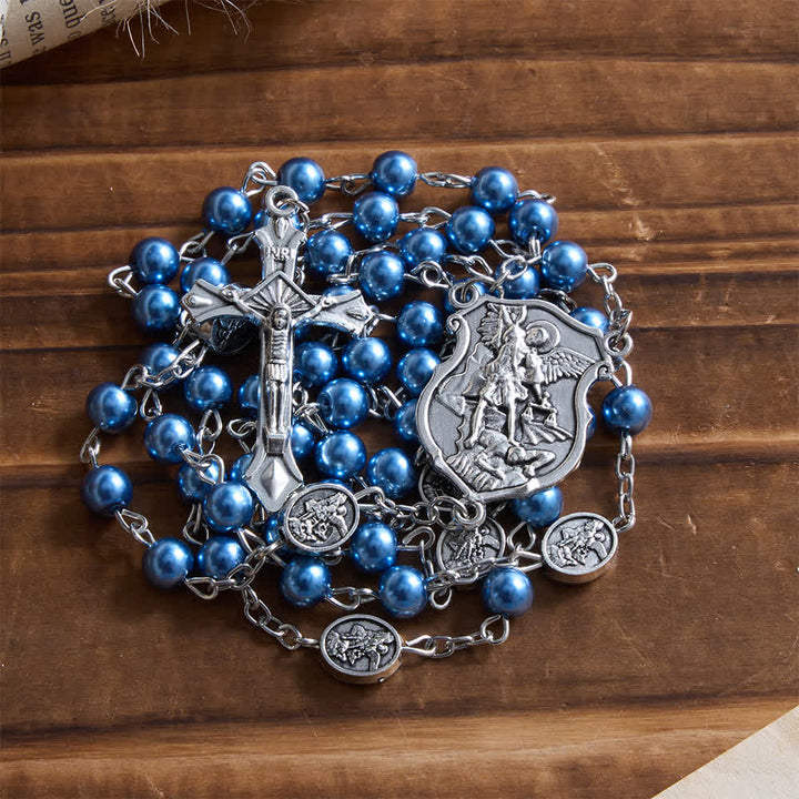Rosenkranz aus Silber oder Blau von Christianartworkshop mit antiker silberner Erzengelmedaille und passender gravierter runder Schachtel - image 7