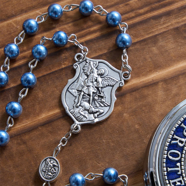 Rosenkranz aus Silber oder Blau von Christianartworkshop mit antiker silberner Erzengelmedaille und passender gravierter runder Schachtel - image 11