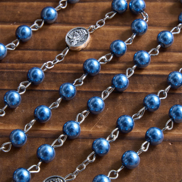 Rosenkranz aus Silber oder Blau von Christianartworkshop mit antiker silberner Erzengelmedaille und passender gravierter runder Schachtel - image 9