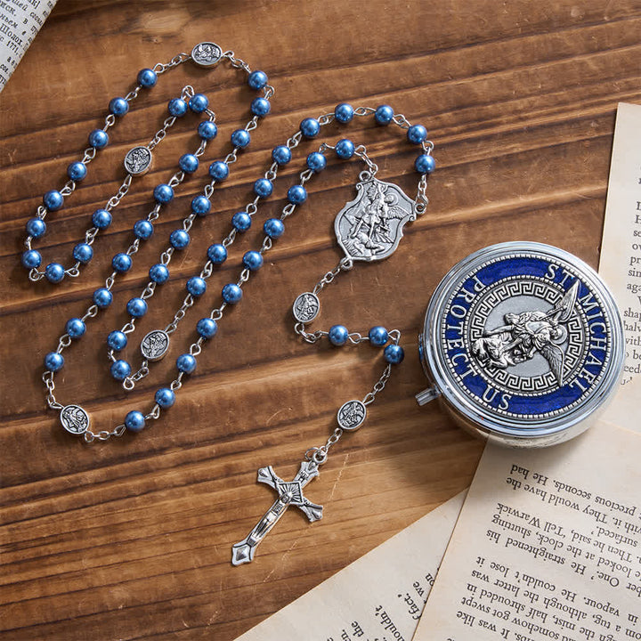 Rosenkranz aus Silber oder Blau von Christianartworkshop mit antiker silberner Erzengelmedaille und passender gravierter runder Schachtel - Blau - image 5