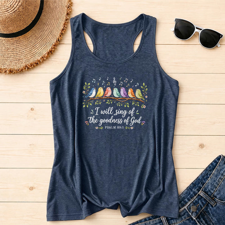 Christianartworkshop Aquarell Regenbogen Vögel auf Ast Blumenblatt Akzent Ich werde die Güte Gottes singen Psalmvers Schreibschrift Racerback Tanktop - Marineblau - 2XL - image 16