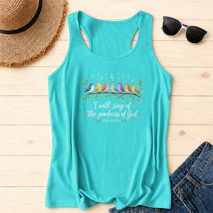 Christianartworkshop Aquarell Regenbogen Vögel auf Ast Blumenblatt Akzent Ich werde die Güte Gottes singen Psalmvers Schreibschrift Racerback Tanktop - Minze - 2XL - image 4