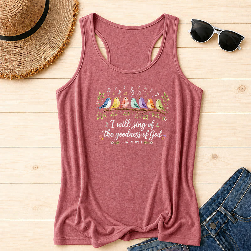 Christianartworkshop Aquarell Regenbogen Vögel auf Ast Blumenblatt Akzent Ich werde die Güte Gottes singen Psalmvers Schreibschrift Racerback Tanktop - Rosa - 2XL - image 0