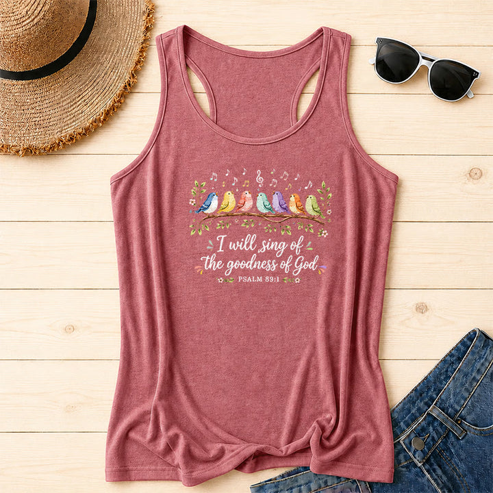 Christianartworkshop Aquarell Regenbogen Vögel auf Ast Blumenblatt Akzent Ich werde die Güte Gottes singen Psalmvers Schreibschrift Racerback Tanktop - Rosa - 2XL - image 0