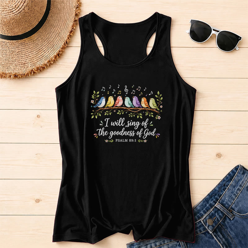 Christianartworkshop Aquarell Regenbogen Vögel auf Ast Blumenblatt Akzent Ich werde die Güte Gottes singen Psalmvers Schreibschrift Racerback Tanktop - Schwarz - 2XL - image 14