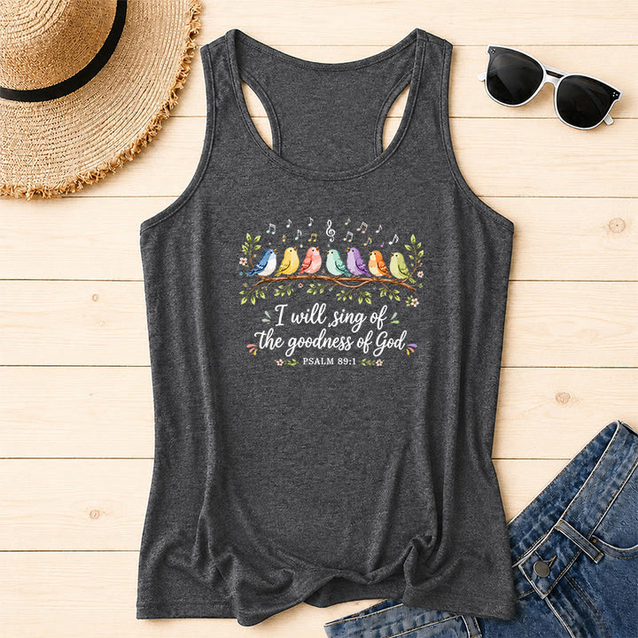 Christianartworkshop Aquarell Regenbogen Vögel auf Ast Blumenblatt Akzent Ich werde die Güte Gottes singen Psalmvers Schreibschrift Racerback Tanktop - Grau - 2XL - image 18