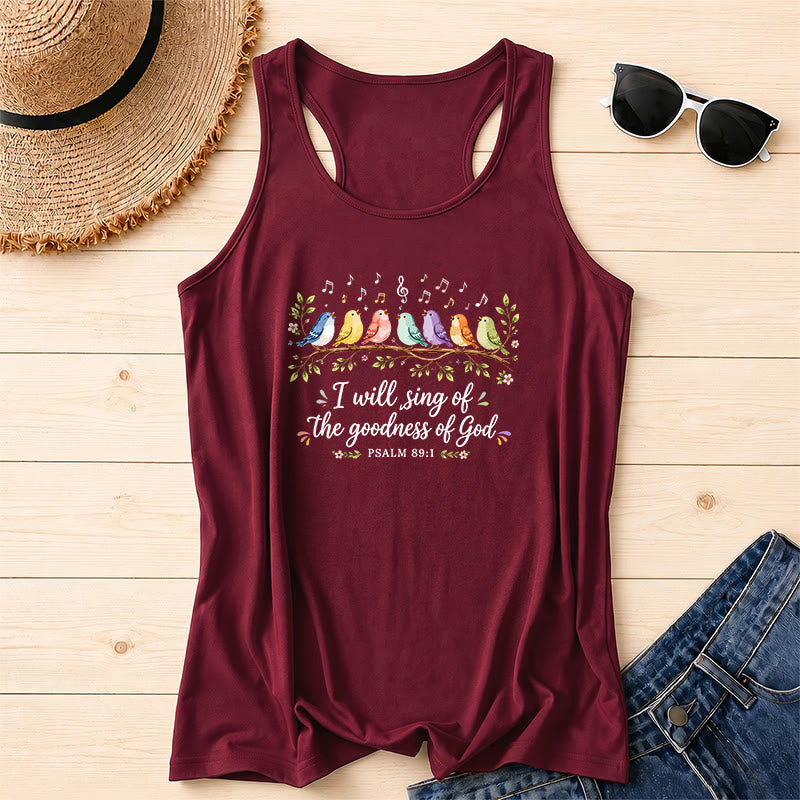 Christianartworkshop Aquarell Regenbogen Vögel auf Ast Blumenblatt Akzent Ich werde die Güte Gottes singen Psalmvers Schreibschrift Racerback Tanktop - Wein - 2XL - image 12