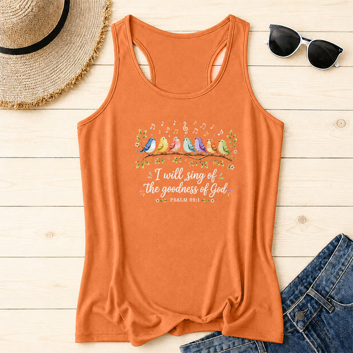 Christianartworkshop Aquarell Regenbogen Vögel auf Ast Blumenblatt Akzent Ich werde die Güte Gottes singen Psalmvers Schreibschrift Racerback Tanktop - Orange - 2XL - image 10