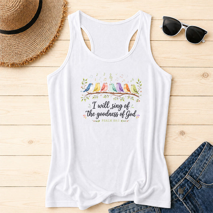 Christianartworkshop Aquarell Regenbogen Vögel auf Ast Blumenblatt Akzent Ich werde die Güte Gottes singen Psalmvers Schreibschrift Racerback Tanktop - Weiß - 2XL - image 2