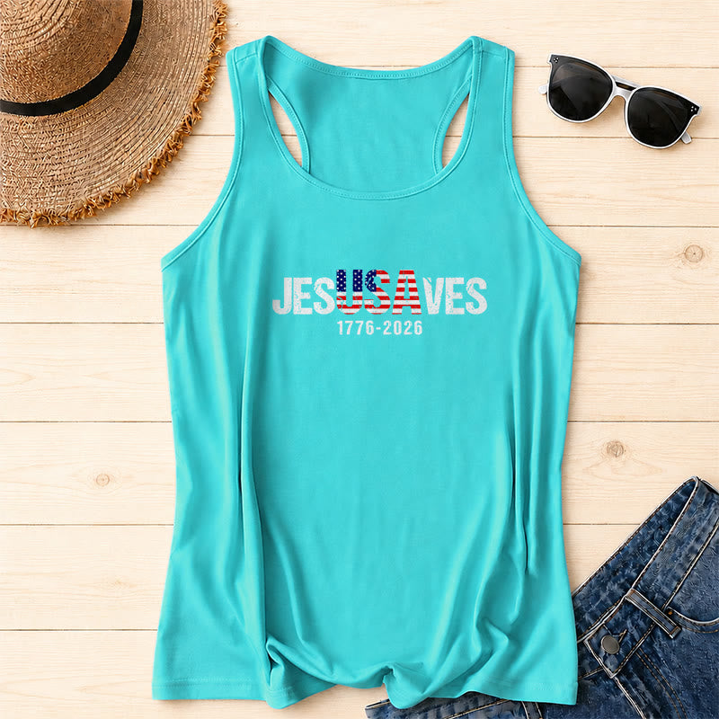 Christianartworkshop JESUSAVES Kombinierter Buchstabe Amerikanische Flagge Füllung Distressed Block Schriftart 1776-2026 Untertext Front Print Racerback Tank Top - Minze - 2XL - image 8
