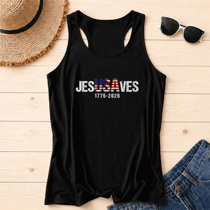 Christianartworkshop JESUSAVES Kombinierter Buchstabe Amerikanische Flagge Füllung Distressed Block Schriftart 1776-2026 Untertext Front Print Racerback Tank Top - Schwarz - 2XL - image 2