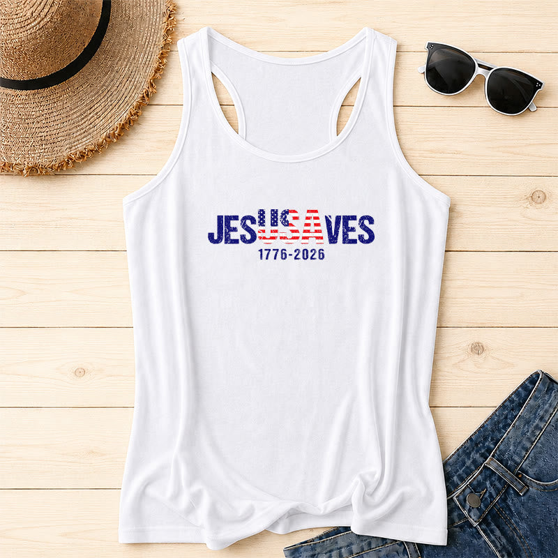 Christianartworkshop JESUSAVES Kombinierter Buchstabe Amerikanische Flagge Füllung Distressed Block Schriftart 1776-2026 Untertext Front Print Racerback Tank Top - Weiß - 2XL - image 6