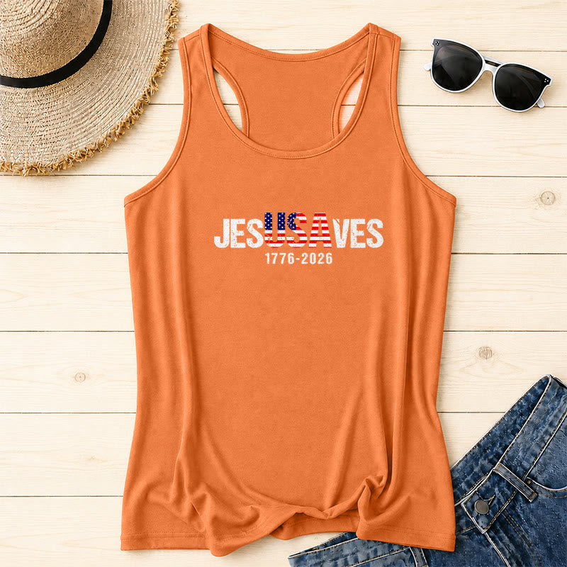 Christianartworkshop JESUSAVES Kombinierter Buchstabe Amerikanische Flagge Füllung Distressed Block Schriftart 1776-2026 Untertext Front Print Racerback Tank Top - Orange - 2XL - image 14