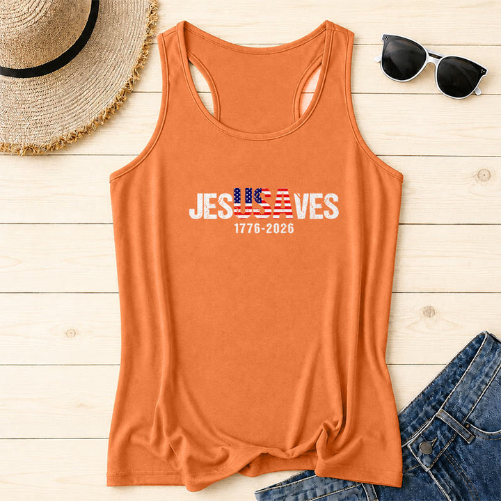Christianartworkshop JESUSAVES Kombinierter Buchstabe Amerikanische Flagge Füllung Distressed Block Schriftart 1776-2026 Untertext Front Print Racerback Tank Top - Orange - 2XL - image 14