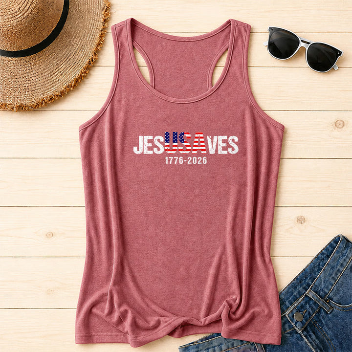 Christianartworkshop JESUSAVES Kombinierter Buchstabe Amerikanische Flagge Füllung Distressed Block Schriftart 1776-2026 Untertext Front Print Racerback Tank Top - Rosa - 2XL - image 4