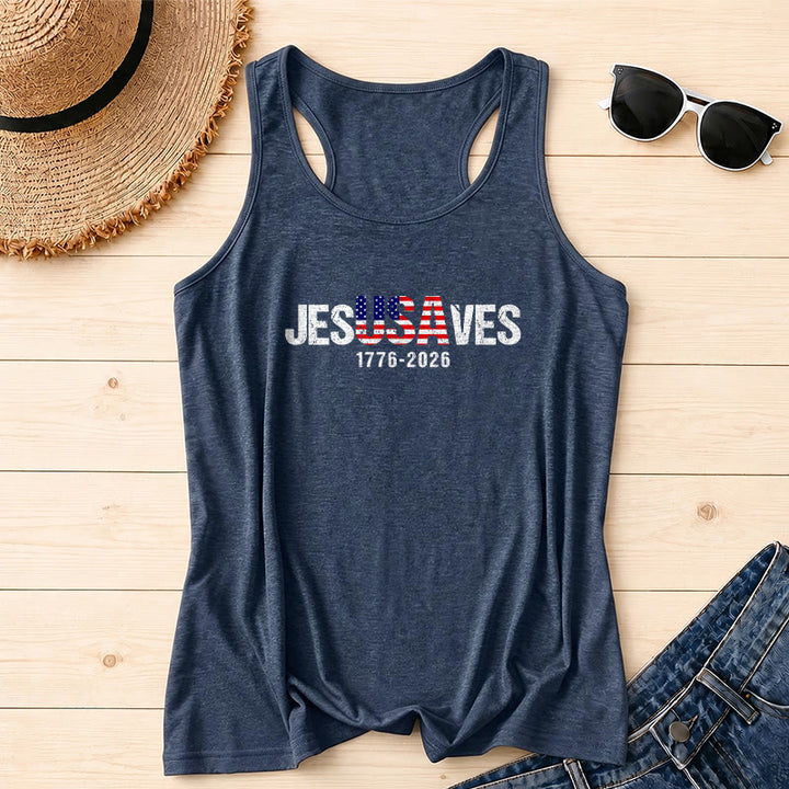 Christianartworkshop JESUSAVES Kombinierter Buchstabe Amerikanische Flagge Füllung Distressed Block Schriftart 1776-2026 Untertext Front Print Racerback Tank Top - Marineblau - 2XL - image 0