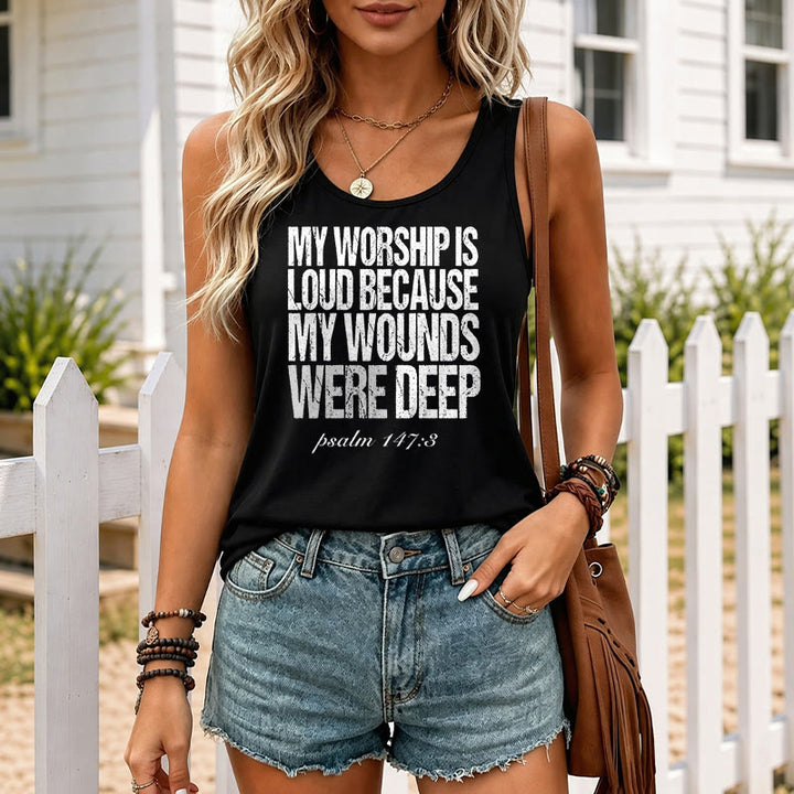 Christianartworkshop Mein Gottesdienst ist laut, weil meine Wunden tief waren Racerback-Tanktop - image 15