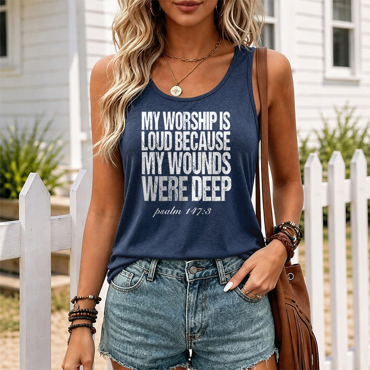 Christianartworkshop Mein Gottesdienst ist laut, weil meine Wunden tief waren Racerback-Tanktop - image 17