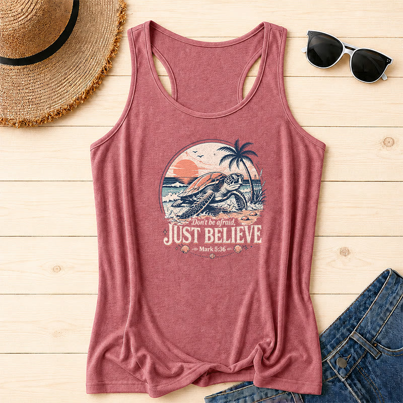Christianartworkshop Vintage-Tanktop mit kreisförmigem Strandwellen-, Palmen- und Kreuz-Sonnenuntergangs-Doodle „JUST BELIEVE“ (Verwaschener Blockschrift-Aufdruck auf der Vorderseite) - Rosa - 2XL - image 0