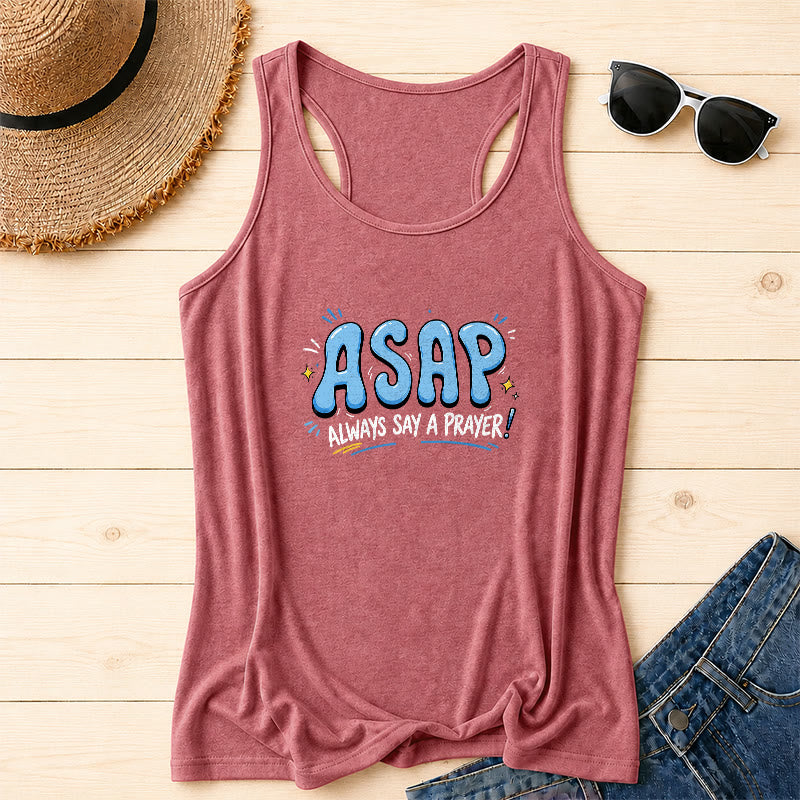 Christianartworkshop Cartoon-Sprechblase, groß, ASAP-Buchstabe, kleiner Stern, Funkenakzent, immer ein Gebet sagen, Racerback-Tanktop - Rosa - 2XL - image 2