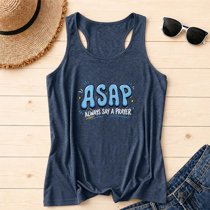 Christianartworkshop Cartoon-Sprechblase, groß, ASAP-Buchstabe, kleiner Stern, Funkenakzent, immer ein Gebet sagen, Racerback-Tanktop - Marineblau - 2XL - image 0