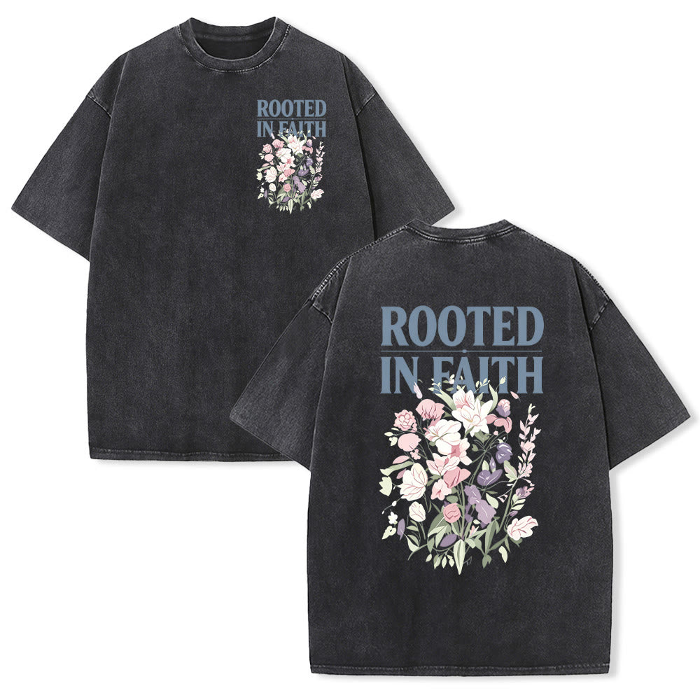 Christianartworkshop Rooted In Faith Block Font Small Floral Front Chest Large Mixed Flower Bouquet Back Dual Print Vintage Washed T-Shirt - Schwarz - 5XL - image 0