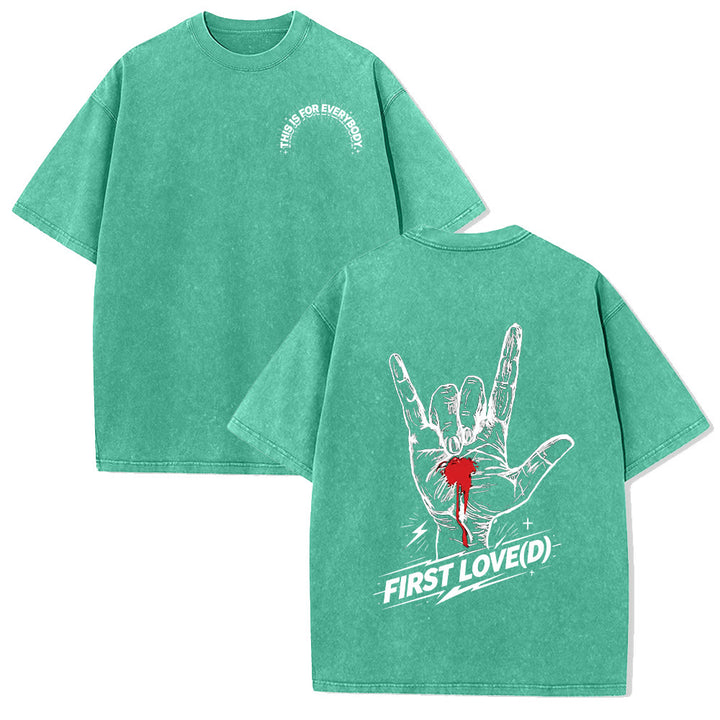 Christianartworkshop Grunge-Rock-T-Shirt mit blutendem Herz, Grafik, Bogen und Slogan auf der Vorderseite, großem Brief an die erste Liebe auf der Rückseite, gewaschenem Design - Grün - 5XL - image 9