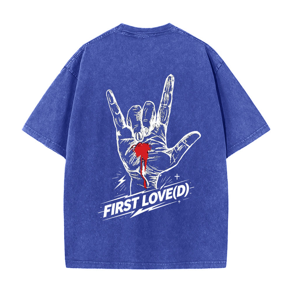 Christianartworkshop Grunge-Rock-T-Shirt mit blutendem Herz, Grafik, Bogen und Slogan auf der Vorderseite, großem Brief an die erste Liebe auf der Rückseite, gewaschenem Design - image 20