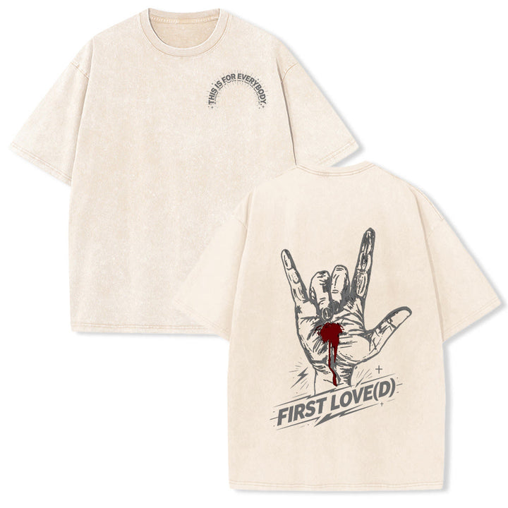 Christianartworkshop Grunge-Rock-T-Shirt mit blutendem Herz, Grafik, Bogen und Slogan auf der Vorderseite, großem Brief an die erste Liebe auf der Rückseite, gewaschenem Design - Beige - 5XL - image 6