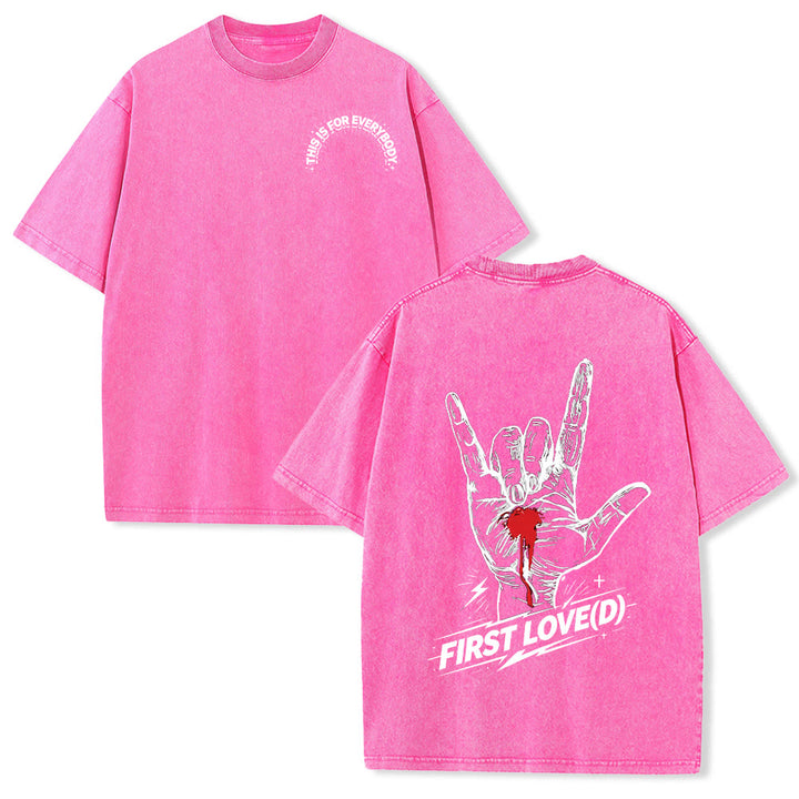 Christianartworkshop Grunge-Rock-T-Shirt mit blutendem Herz, Grafik, Bogen und Slogan auf der Vorderseite, großem Brief an die erste Liebe auf der Rückseite, gewaschenem Design - Rosa - 5XL - image 15