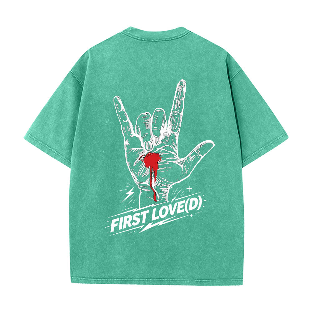 Christianartworkshop Grunge-Rock-T-Shirt mit blutendem Herz, Grafik, Bogen und Slogan auf der Vorderseite, großem Brief an die erste Liebe auf der Rückseite, gewaschenem Design - image 11