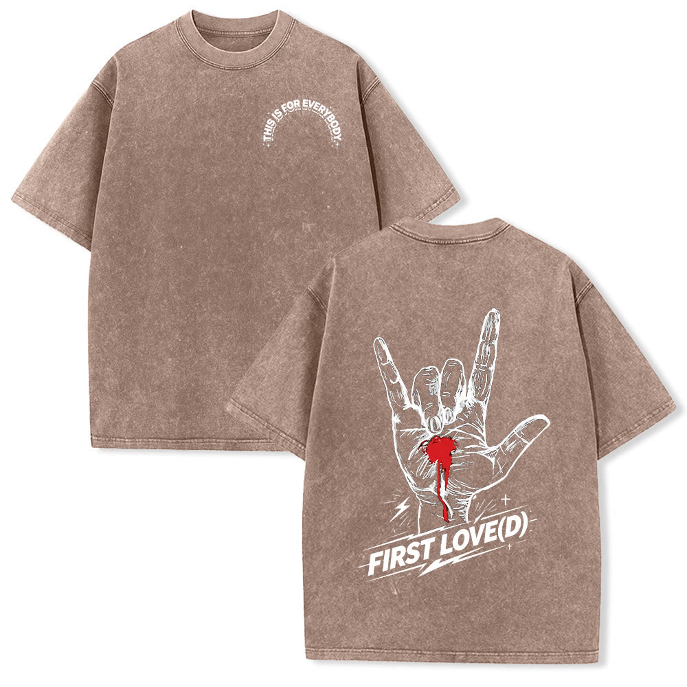 Christianartworkshop Grunge-Rock-T-Shirt mit blutendem Herz, Grafik, Bogen und Slogan auf der Vorderseite, großem Brief an die erste Liebe auf der Rückseite, gewaschenem Design - Braun - 5XL - image 3