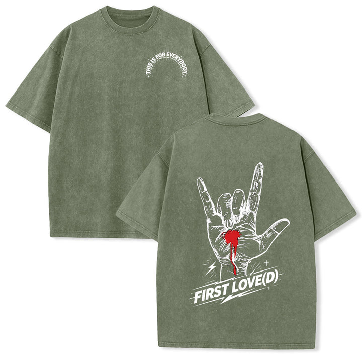 Christianartworkshop Grunge-Rock-T-Shirt mit blutendem Herz, Grafik, Bogen und Slogan auf der Vorderseite, großem Brief an die erste Liebe auf der Rückseite, gewaschenem Design - Armeegrün - 5XL - image 21