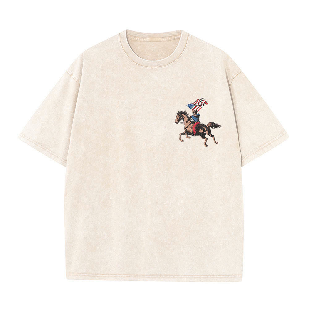 Christianartworkshop 250 Jahre Amerika – Patriotisches Cowboy-Pferde-Doppelprint-T-Shirt im Vintage-Stil - image 1