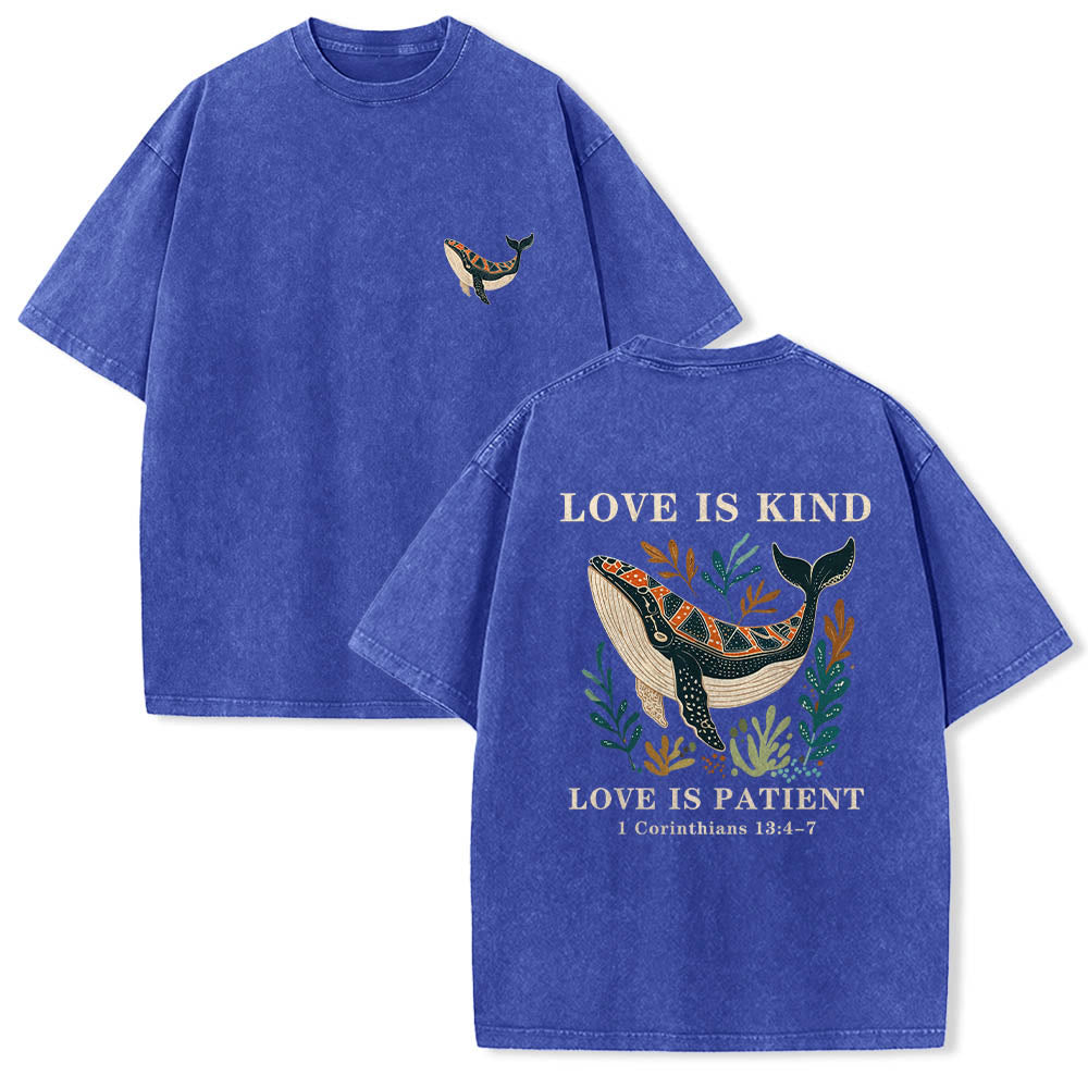 Christianartworkshop Liebe ist gütig, Liebe ist geduldig – Aquarell-Wal-Seegras-Motiv, zweilagiger Bibelvers-Doppeldruck, Vintage-T-Shirt - Blau - 5XL - image 0