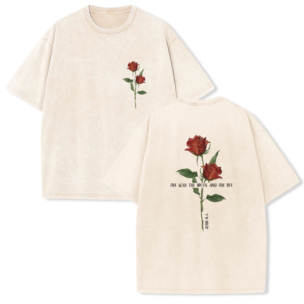 Christianartworkshop Aquarell-T-Shirt mit zwei roten Rosenstielen und Bibelversen „Der Weg, die Wahrheit und das Leben“ – Doppeldruck im Vintage-Stil - Beige - 5XL - image 0
