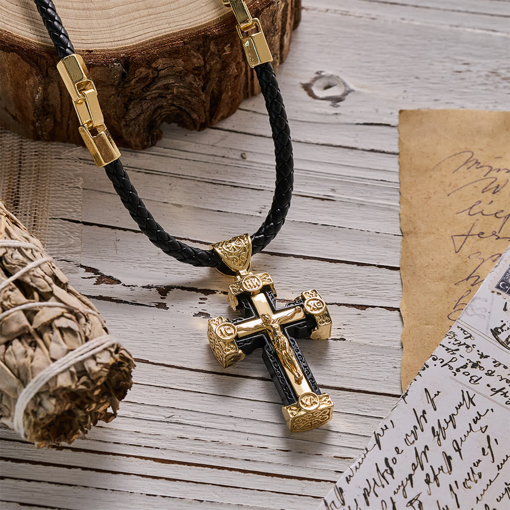 Christianartworkshop Luxuriöse Kruzifix-Halskette aus schwarz-goldener Legierung - image 3