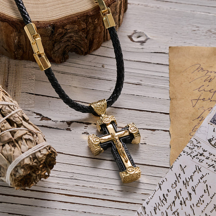 Christianartworkshop Luxuriöse Kruzifix-Halskette aus schwarz-goldener Legierung - image 3
