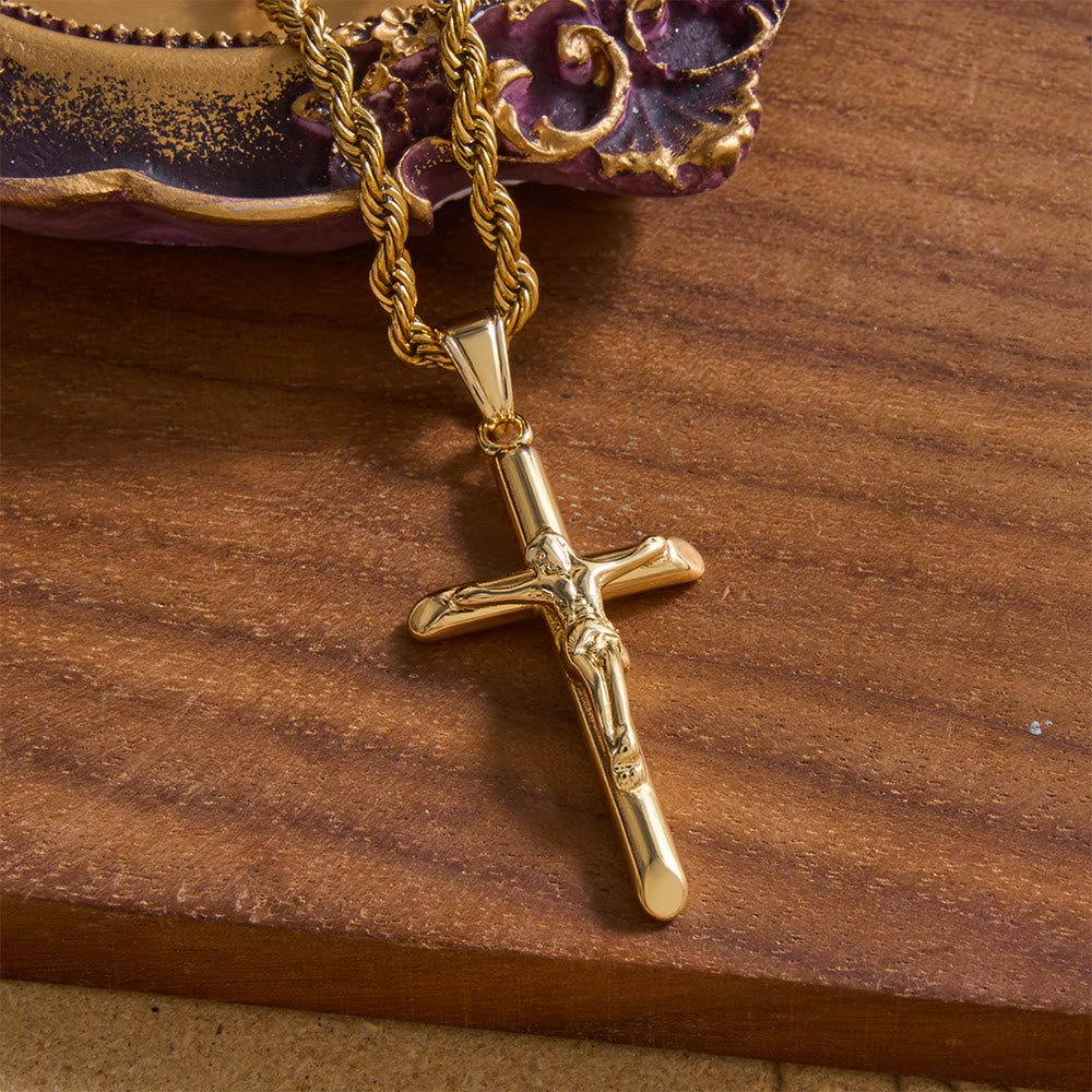 Christianartworkshop Relief-Kreuzanhänger mit Jesusmotiv an einer gedrehten Seilkette: Zeitloses Symbol sanfter himmlischer Fürsorge - Golden - image 1