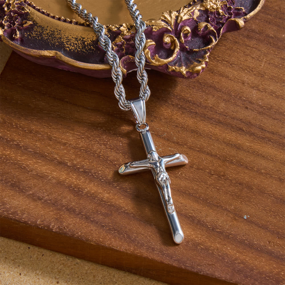 Christianartworkshop Relief-Kreuzanhänger mit Jesusmotiv an einer gedrehten Seilkette: Zeitloses Symbol sanfter himmlischer Fürsorge - Silber - image 3