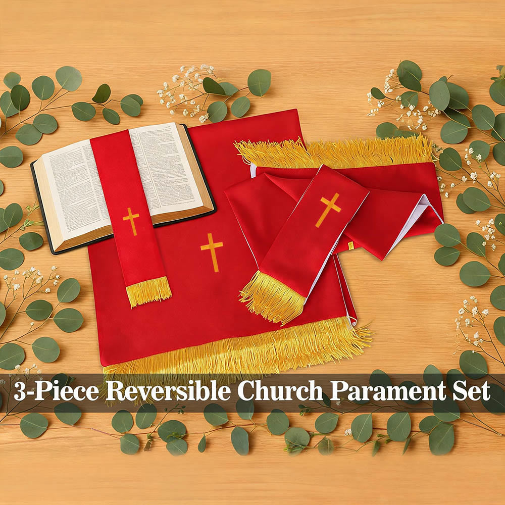 Christianartworkshop Komplettes Kirchenparament-Set: Tischläufer, Lesepulttuch und Bibellesezeichen in Rot und Weiß - image 8