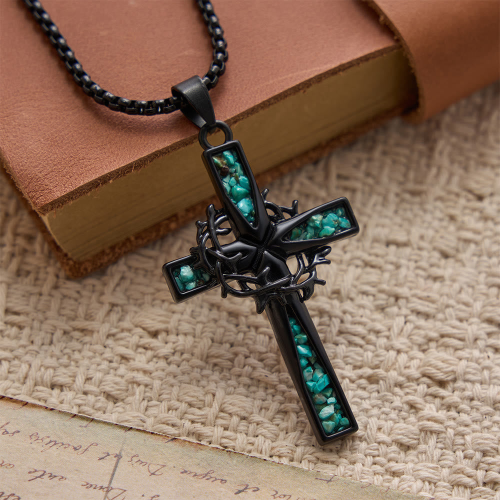 Christianartworkshop Dornenkreuz-Halskette aus westlich-böhmischem, mit zerstoßenem Türkis besetztem Metall: Zeitloses Symbol sanfter himmlischer Fürsorge - Kreuzen - image 0