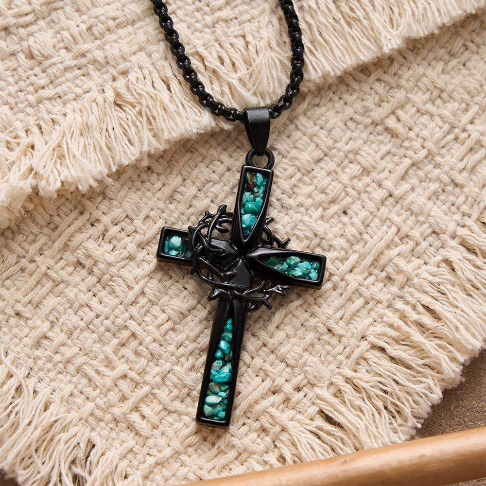 Christianartworkshop Dornenkreuz-Halskette aus westlich-böhmischem, mit zerstoßenem Türkis besetztem Metall: Zeitloses Symbol sanfter himmlischer Fürsorge - image 1