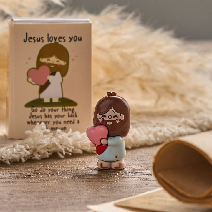 Christianartworkshop Mini-Jesus-Figur mit Om-Herz, 3er-Pack, Bibelvers „Jesus liebt dich“, Andachtskarte, Geschenkset: Ein Symbol göttlicher Freude und des Glaubens - image 3