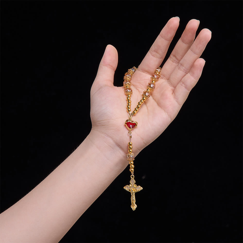 Christianartworkshop Luxuriöser Rosenkranz in Champagnerfarbe mit Herz Jesu und Juwelenkreuz: Gebets- und Autoanhänger in einem. - image 1
