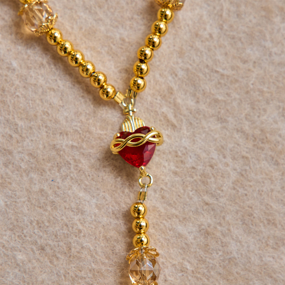 Christianartworkshop Luxuriöser Rosenkranz in Champagnerfarbe mit Herz Jesu und Juwelenkreuz: Gebets- und Autoanhänger in einem. - image 6