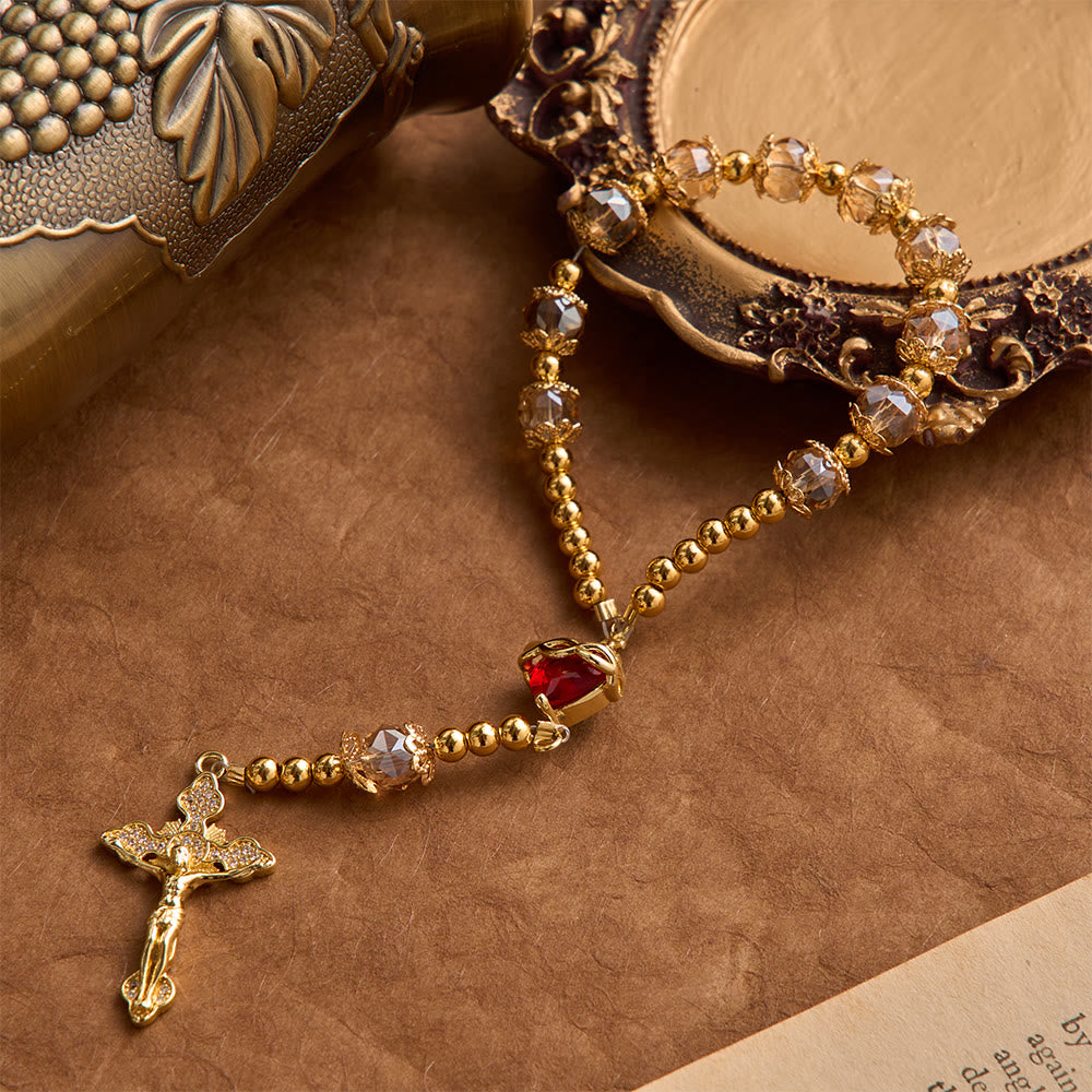 Christianartworkshop Luxuriöser Rosenkranz in Champagnerfarbe mit Herz Jesu und Juwelenkreuz: Gebets- und Autoanhänger in einem. - image 5