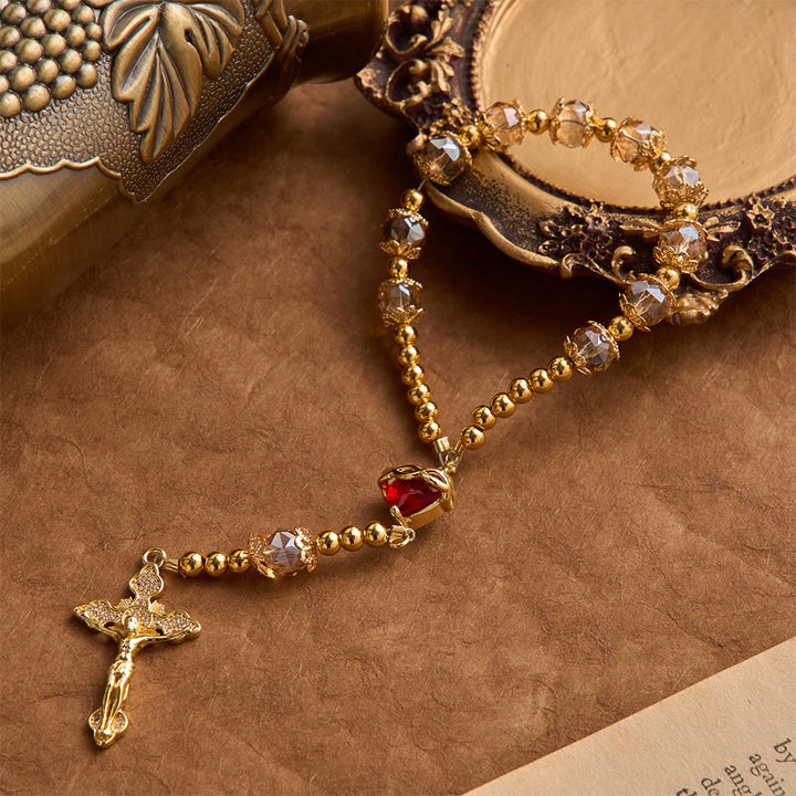 Christianartworkshop Luxuriöser Rosenkranz in Champagnerfarbe mit Herz Jesu und Juwelenkreuz: Gebets- und Autoanhänger in einem. - image 5