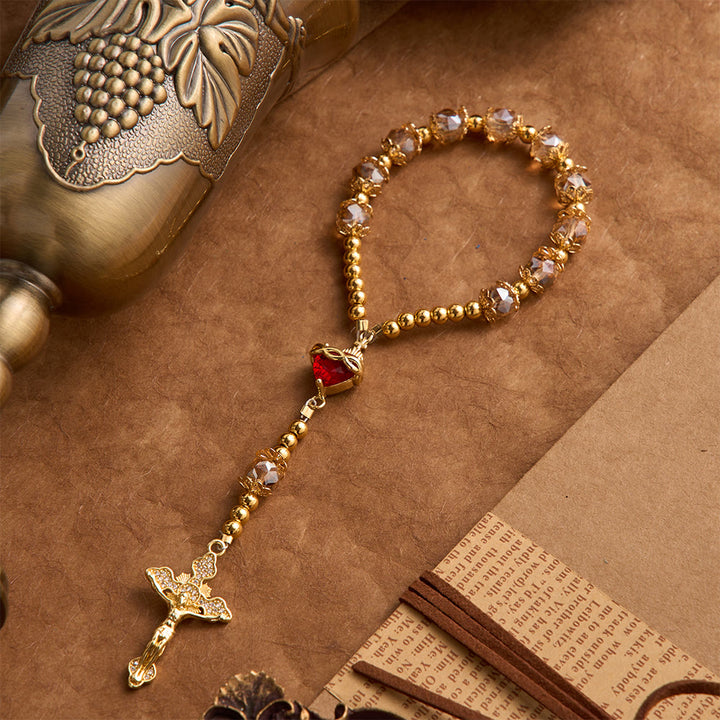 Christianartworkshop Luxuriöser Rosenkranz in Champagnerfarbe mit Herz Jesu und Juwelenkreuz: Gebets- und Autoanhänger in einem. - Rosenkranz vom Heiligen Herzen - image 0
