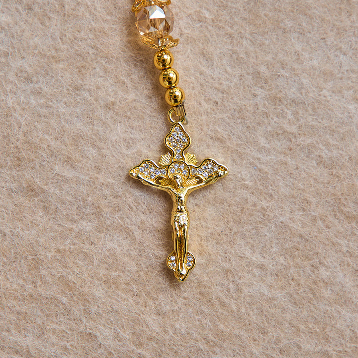 Christianartworkshop Luxuriöser Rosenkranz in Champagnerfarbe mit Herz Jesu und Juwelenkreuz: Gebets- und Autoanhänger in einem. - image 8